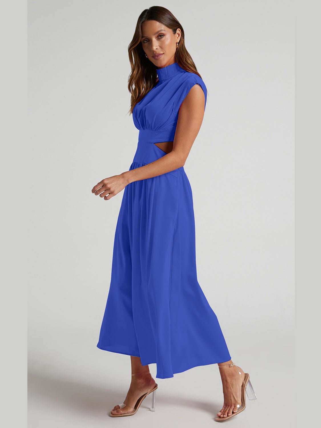 Cutout Mock Neck Sleeveless Ruched Dress - Mervyns