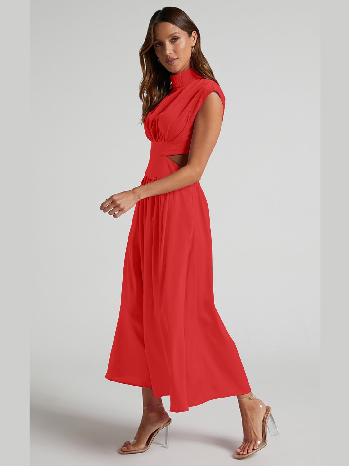 Cutout Mock Neck Sleeveless Ruched Dress - Mervyns