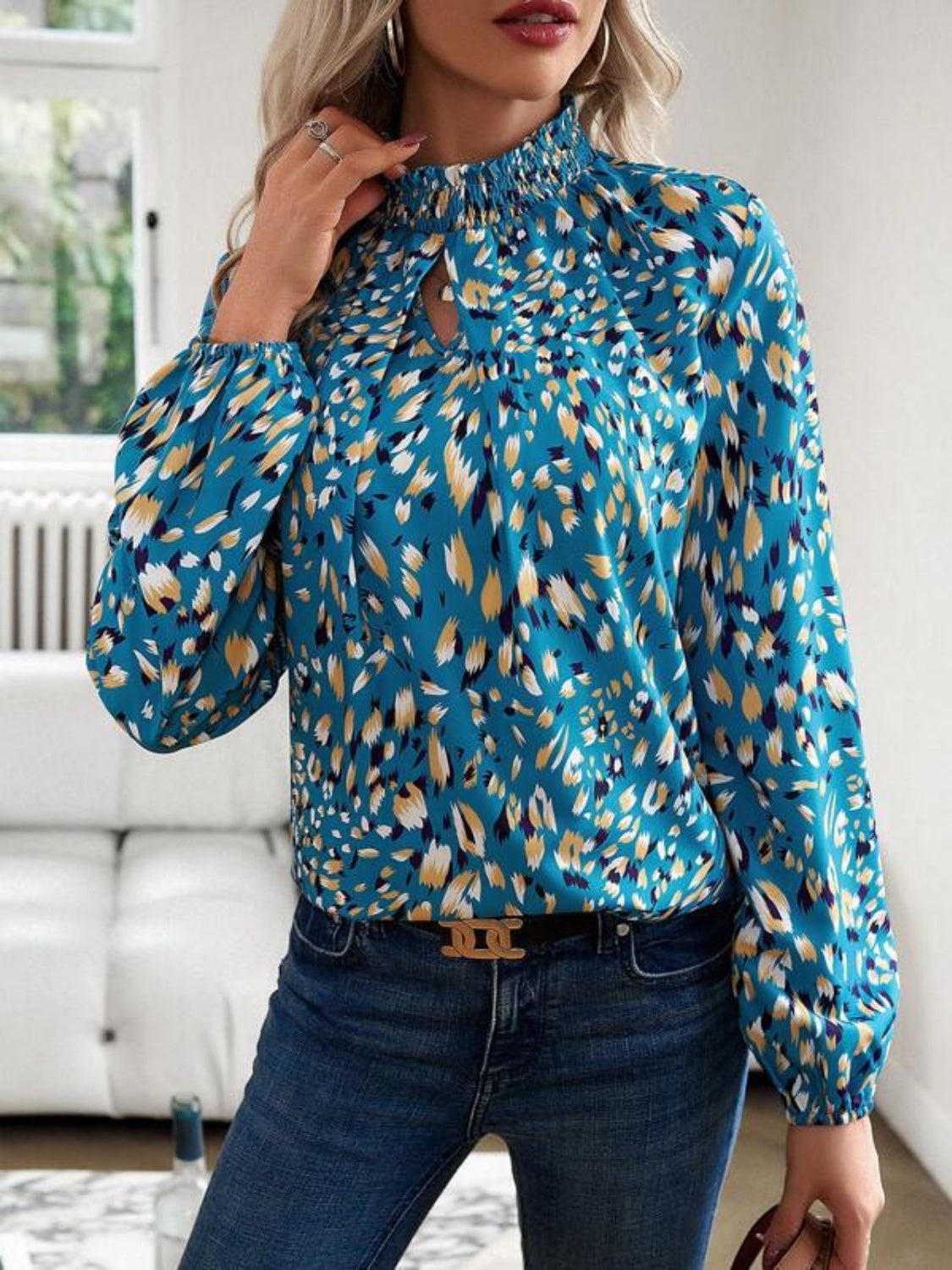 Cutout Printed Mock Neck Balloon Sleeve Blouse - Mervyns