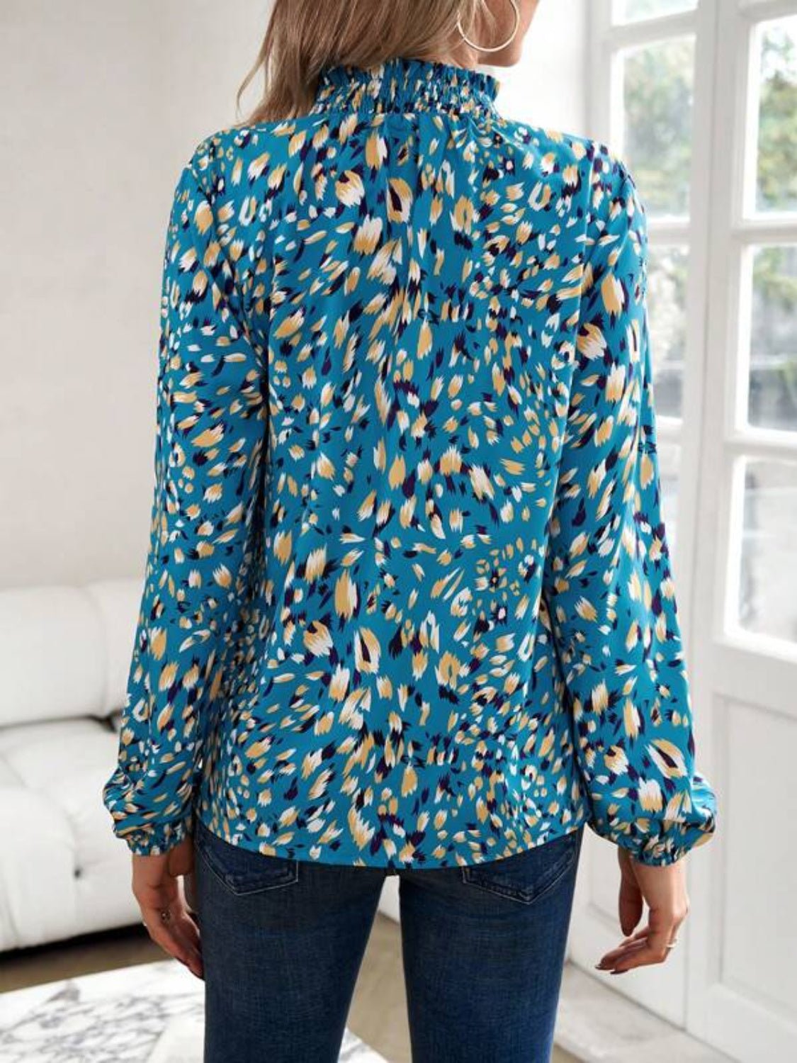 Cutout Printed Mock Neck Balloon Sleeve Blouse - Mervyns