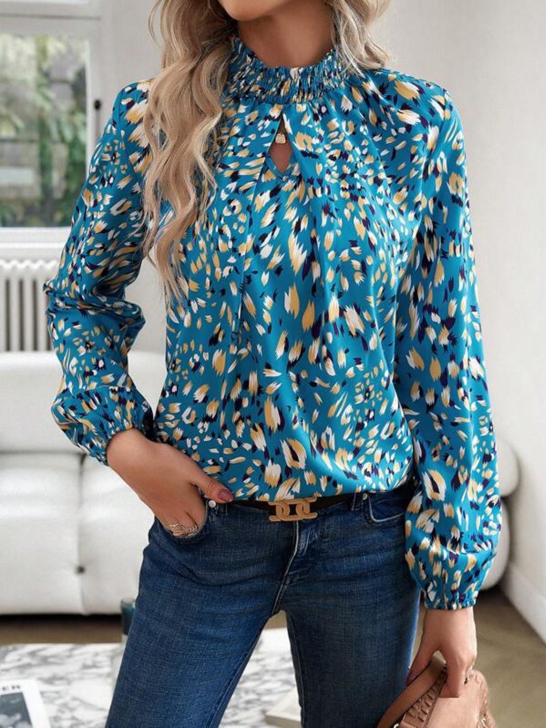 Cutout Printed Mock Neck Balloon Sleeve Blouse - Mervyns