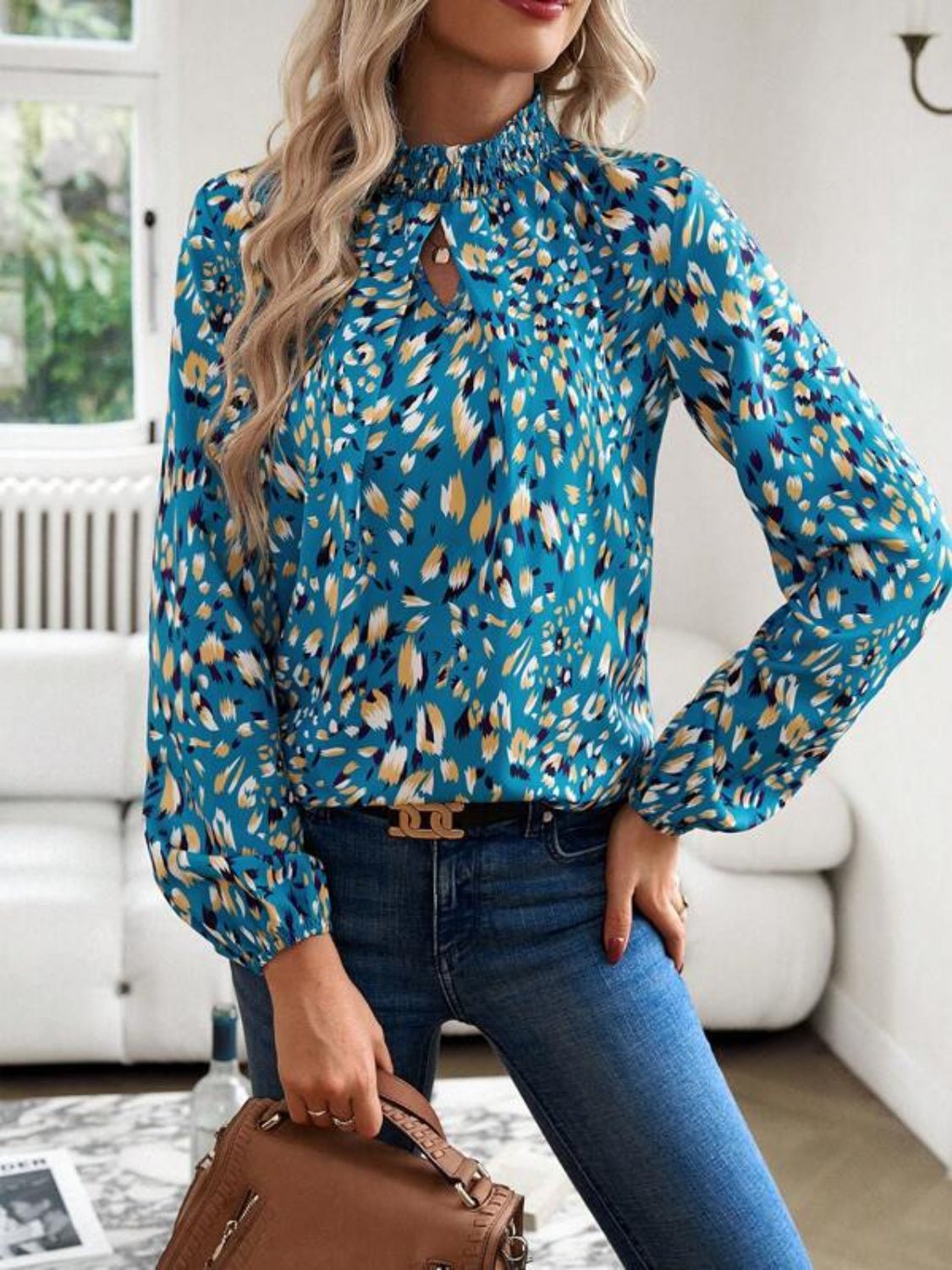 Cutout Printed Mock Neck Balloon Sleeve Blouse - Mervyns