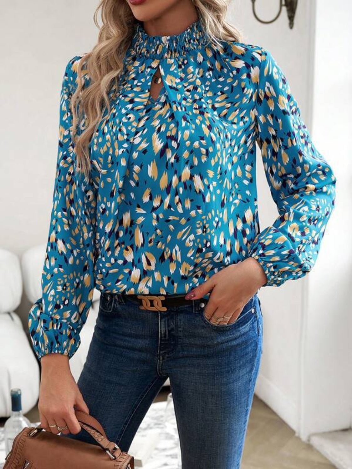 Cutout Printed Mock Neck Balloon Sleeve Blouse - Mervyns