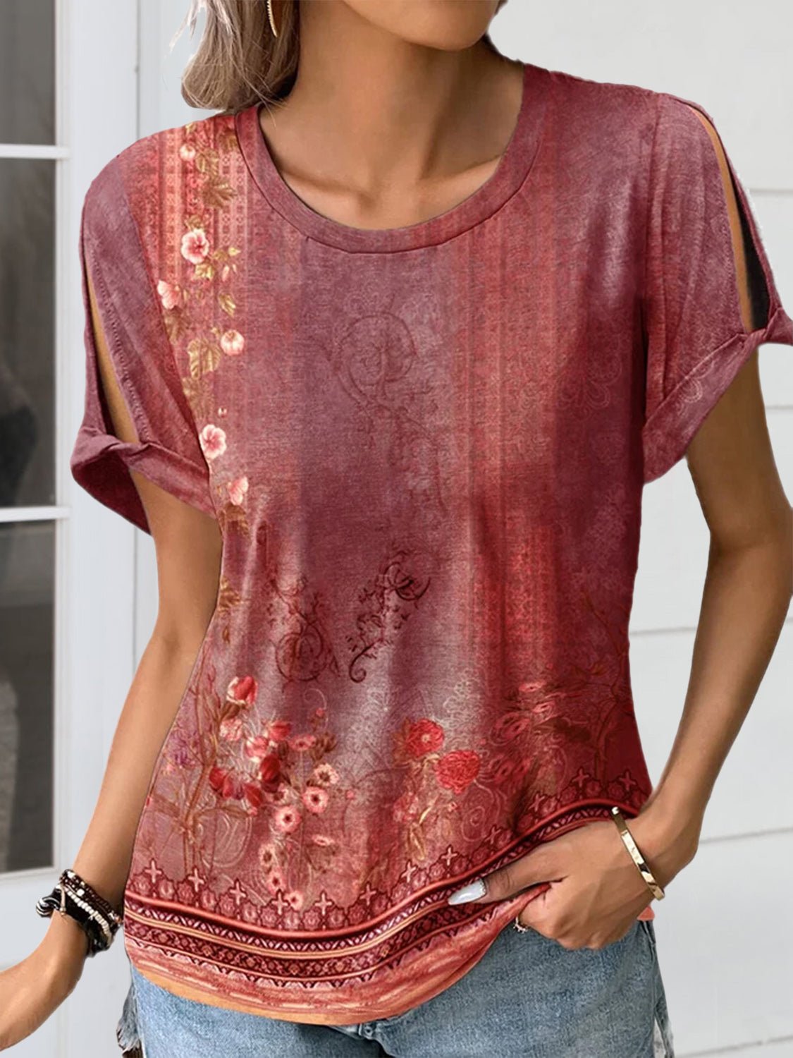 Cutout Printed Round Neck Short Sleeve Blouse - Mervyns