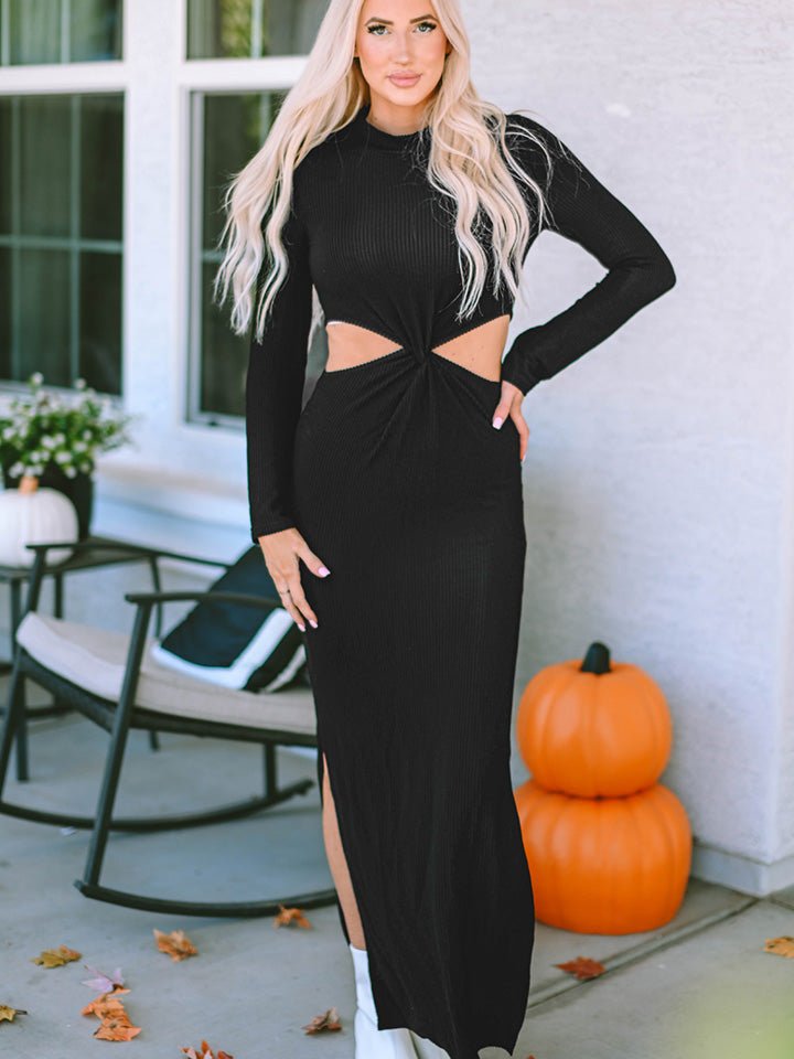 Cutout Round Neck Long Sleeve Slit Maxi Dress - Mervyns