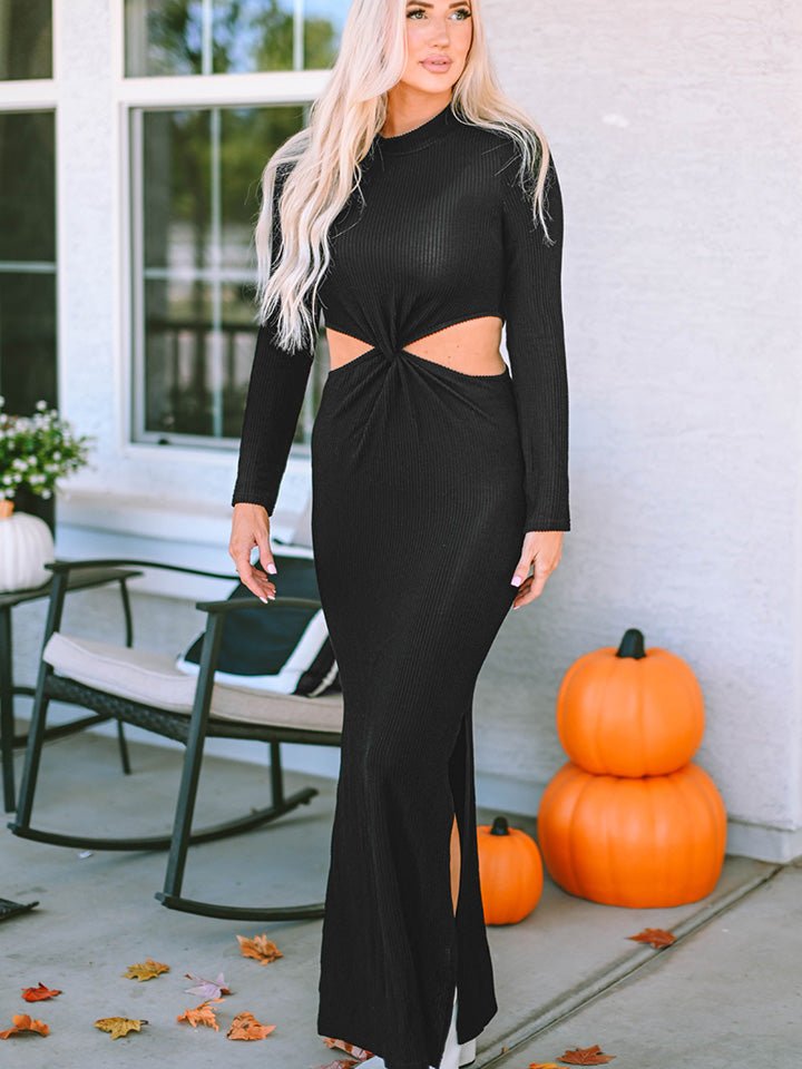 Cutout Round Neck Long Sleeve Slit Maxi Dress - Mervyns