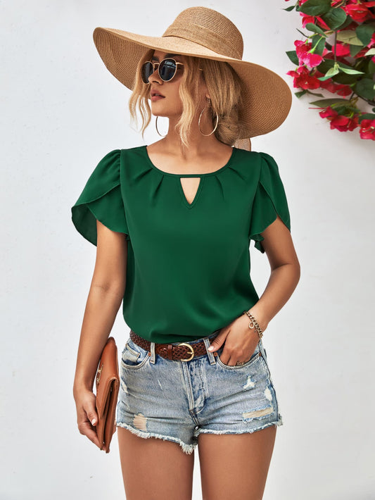 Cutout Round Neck Petal Sleeve Blouse - Mervyns