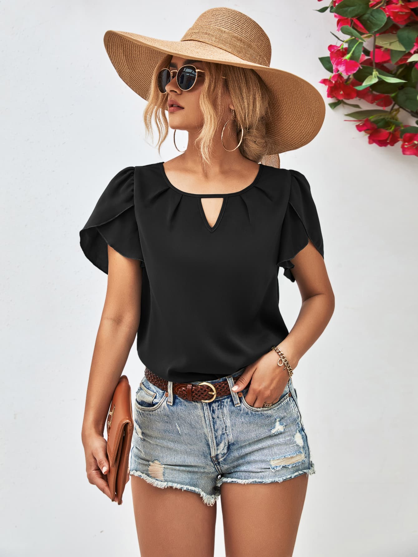 Cutout Round Neck Petal Sleeve Blouse - Mervyns