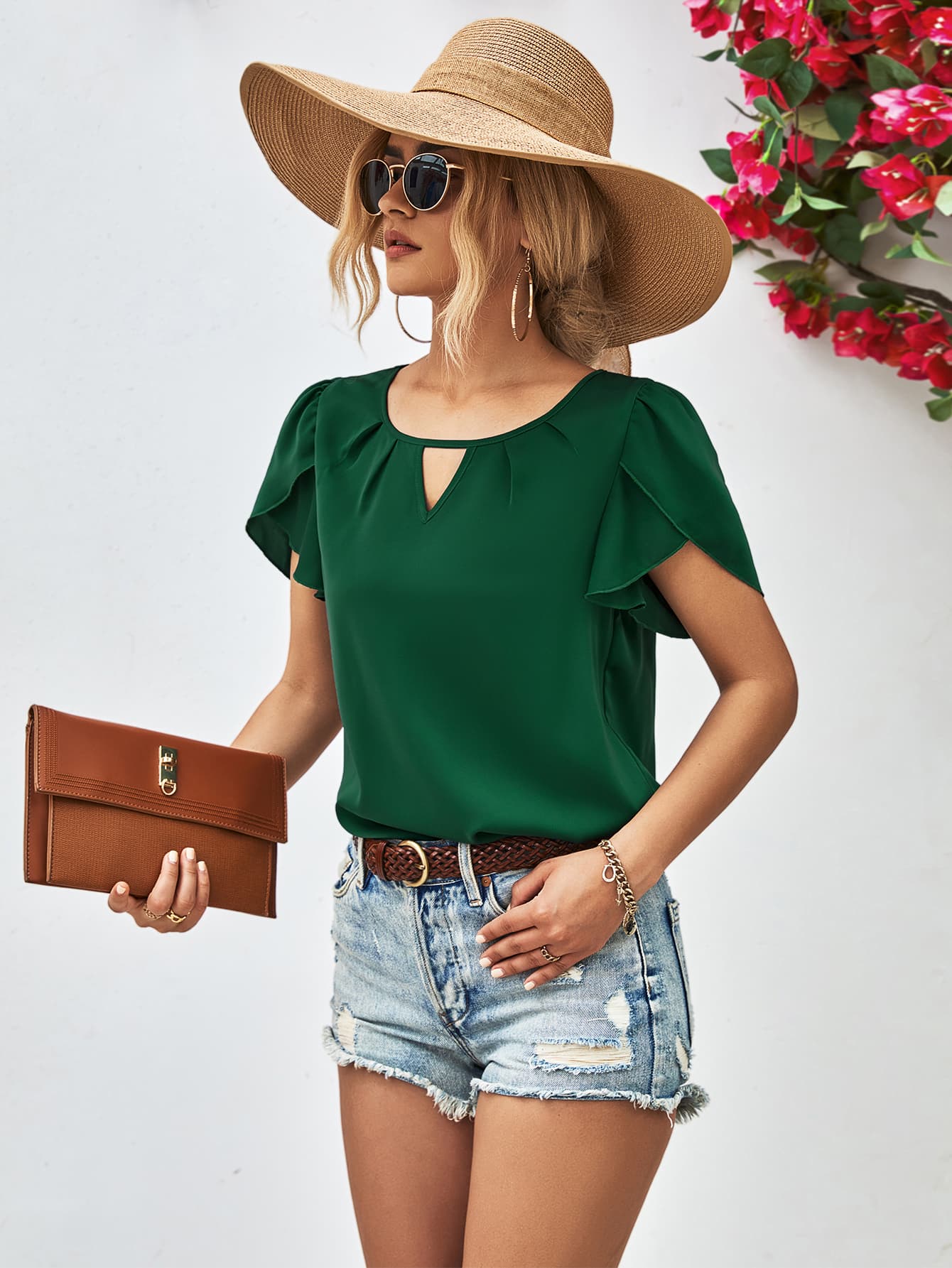 Cutout Round Neck Petal Sleeve Blouse - Mervyns