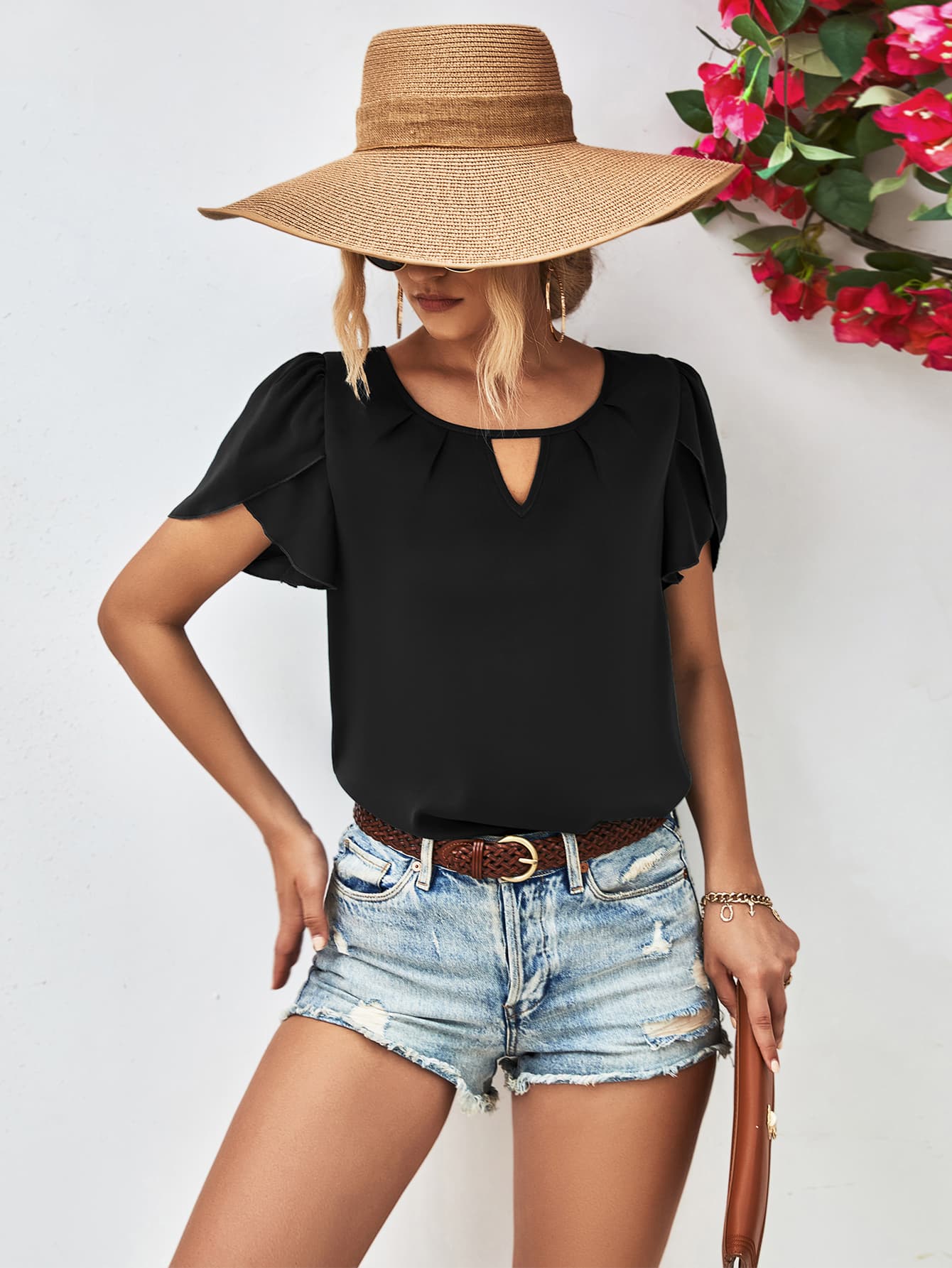 Cutout Round Neck Petal Sleeve Blouse - Mervyns