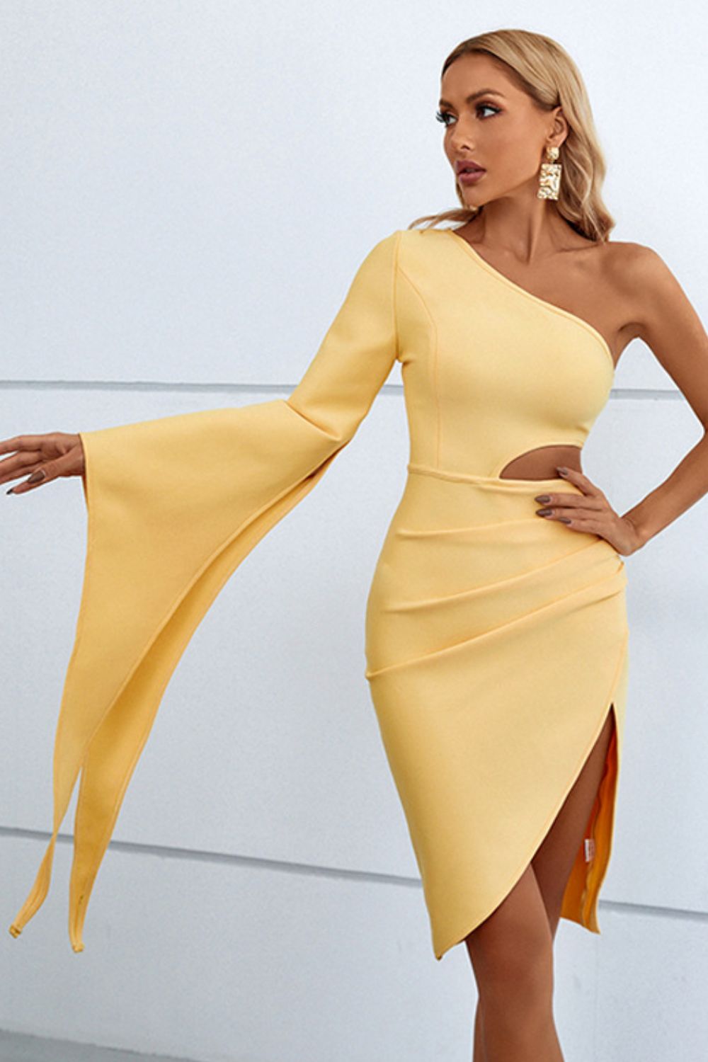 Cutout Split Flare Sleeve One - Shoulder Dress - Mervyns