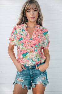 Thumbnail for Floral Notched Neck Short Sleeve Top