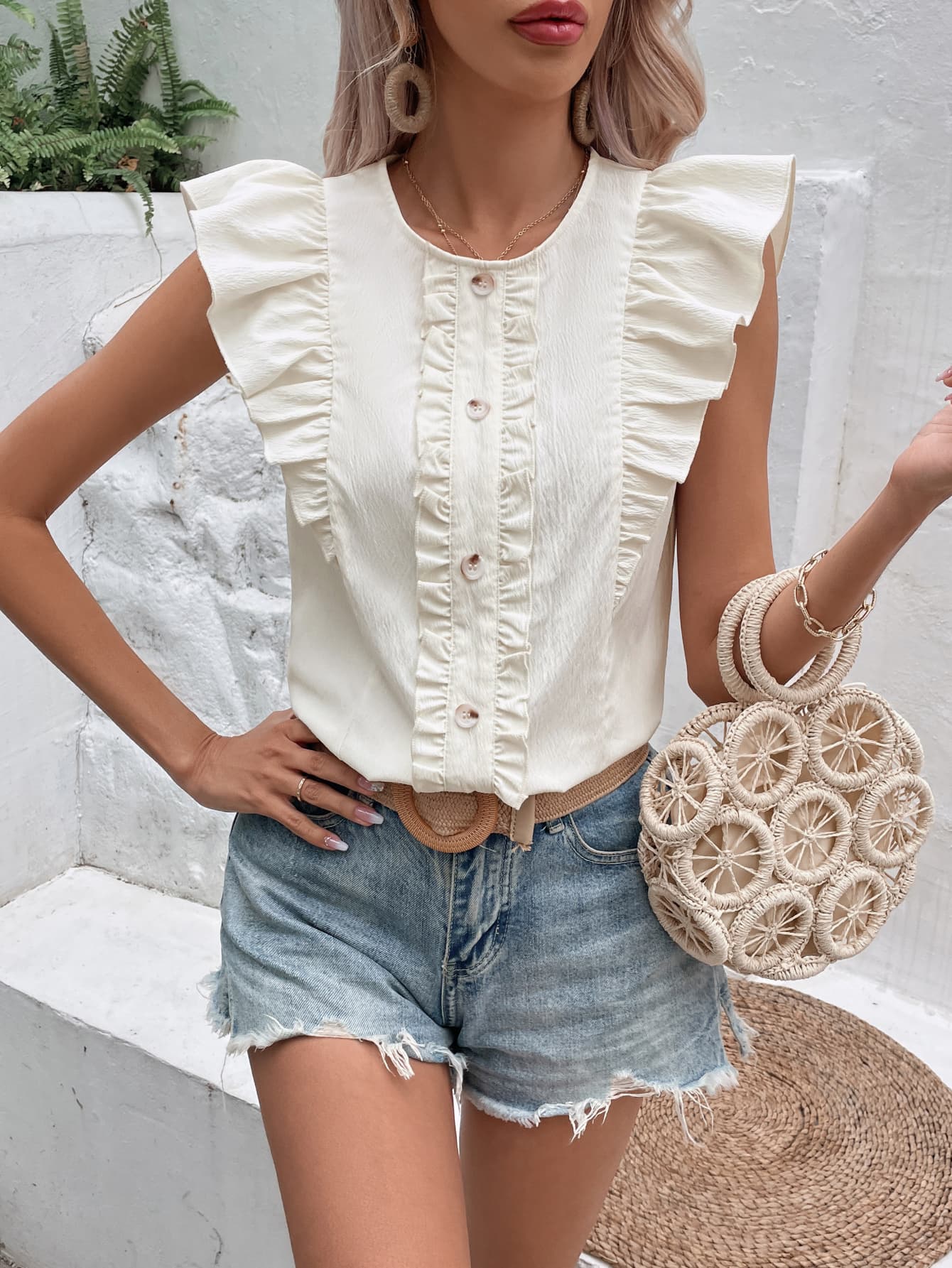 Decorative Button Frill Trim Round Neck Top - Mervyns