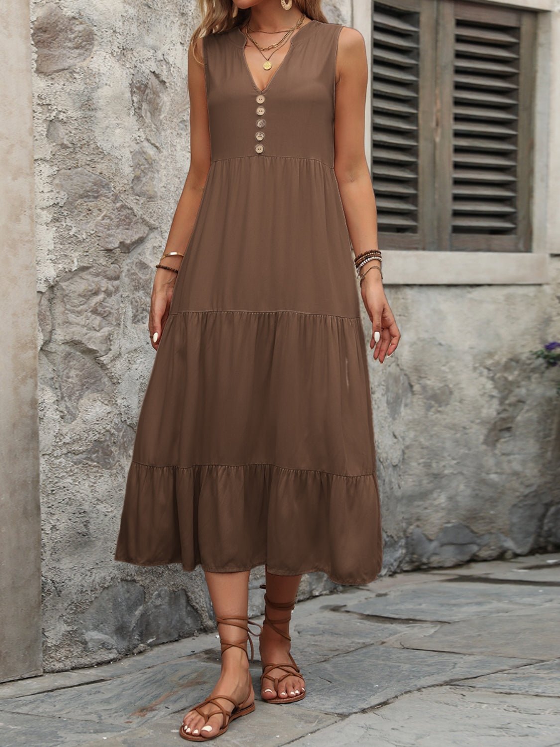 Decorative Button Notched Sleeveless Dress - Mervyns