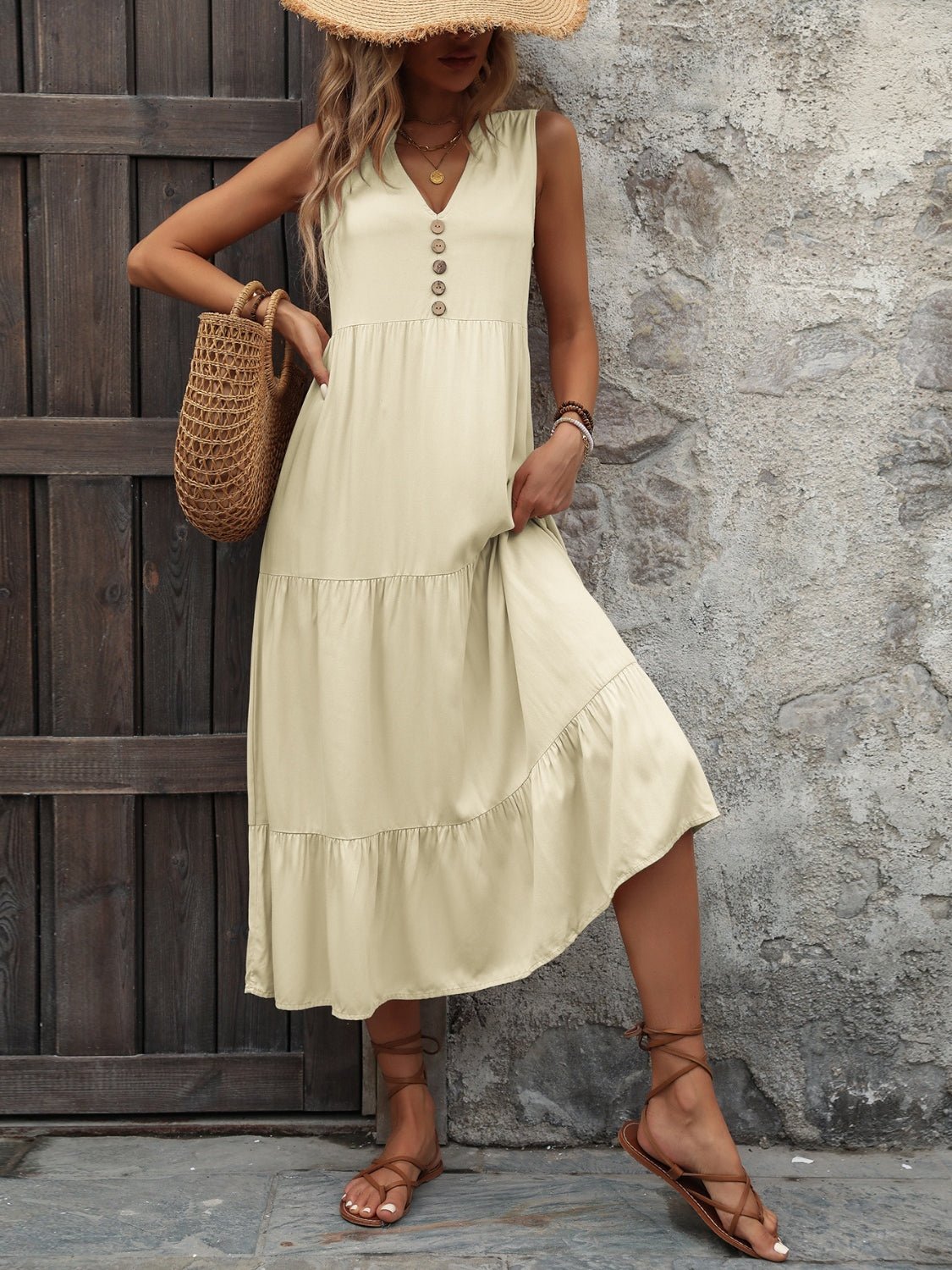 Decorative Button Notched Sleeveless Dress - Mervyns