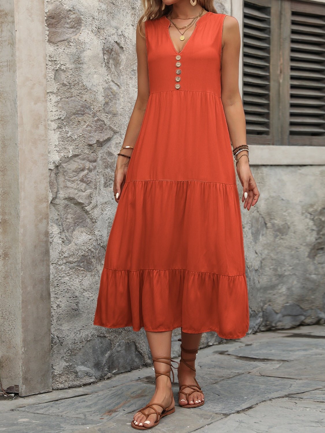 Decorative Button Notched Sleeveless Dress - Mervyns