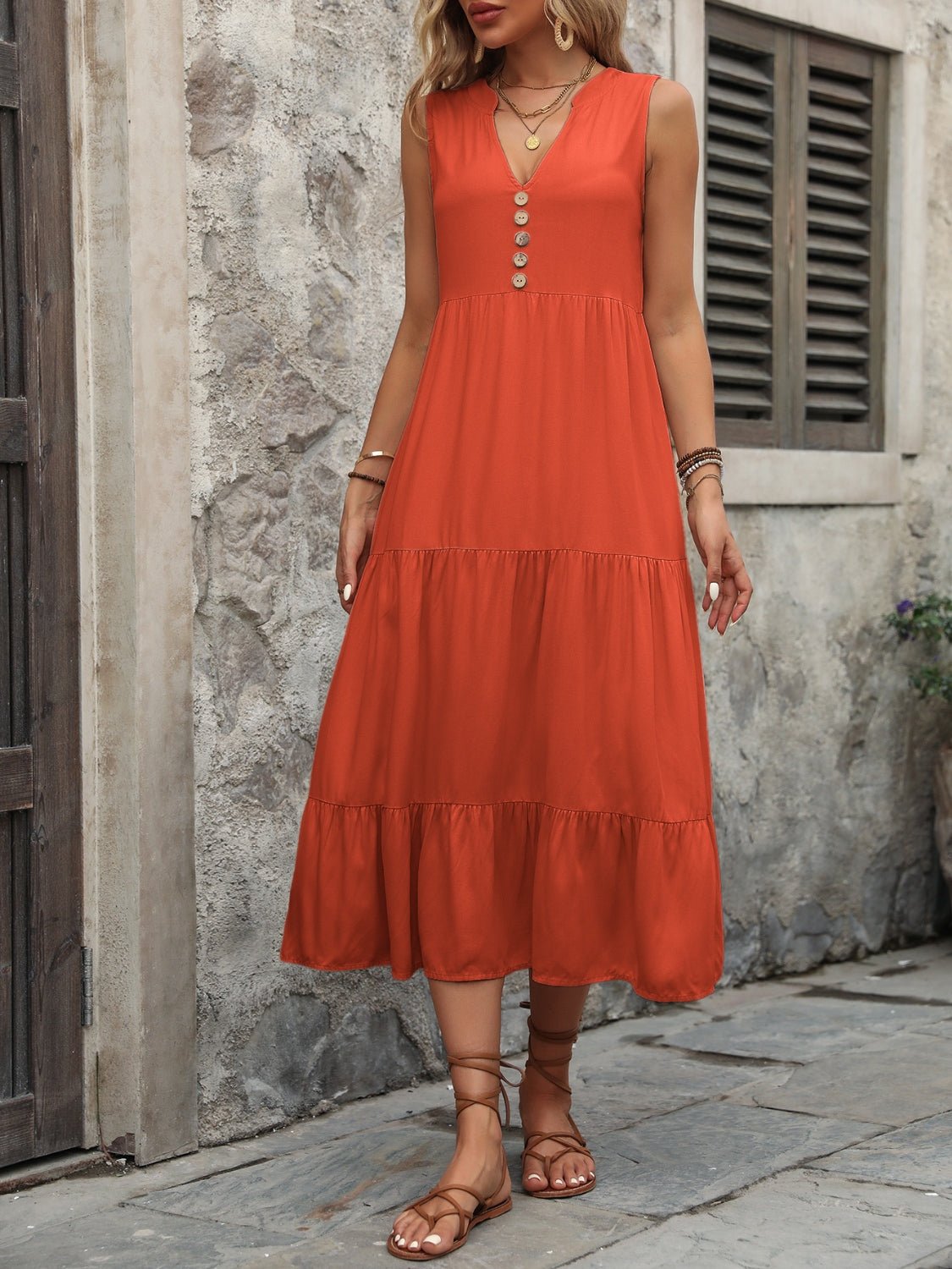 Decorative Button Notched Sleeveless Dress - Mervyns