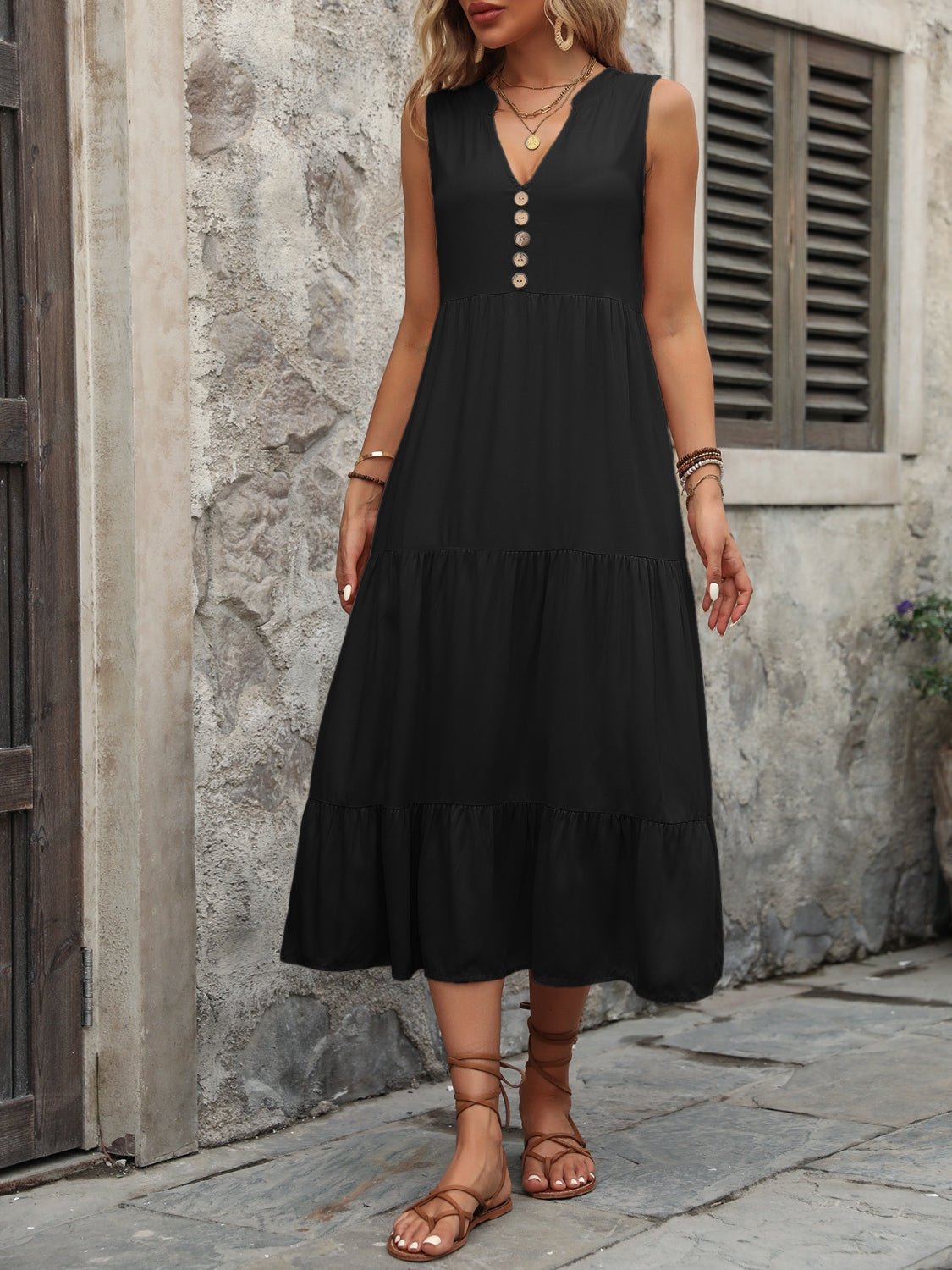 Decorative Button Notched Sleeveless Dress - Mervyns