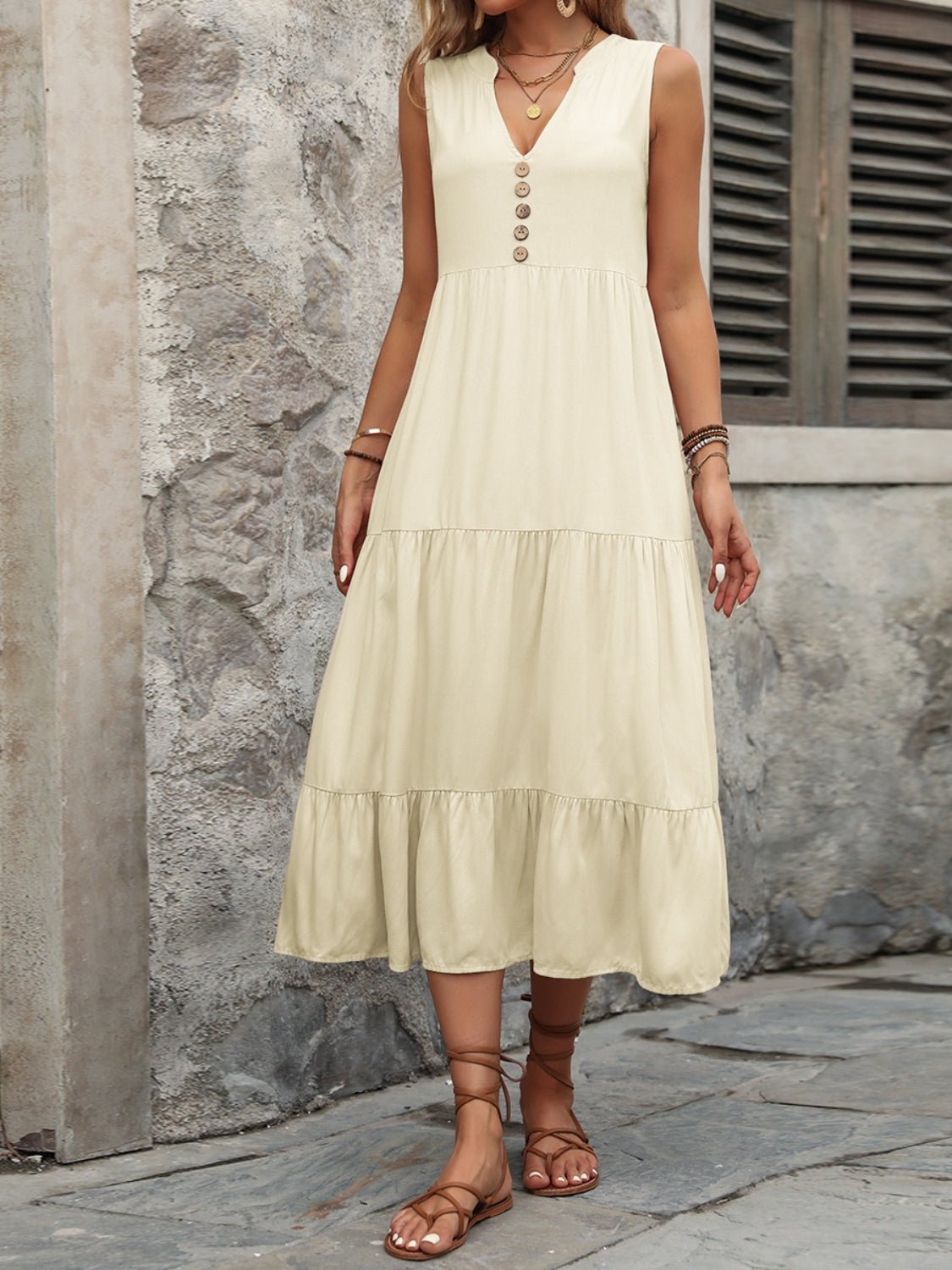 Decorative Button Notched Sleeveless Dress - Mervyns