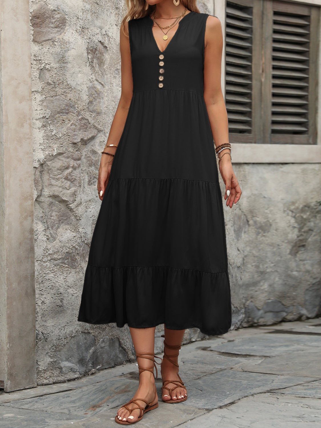 Decorative Button Notched Sleeveless Dress - Mervyns