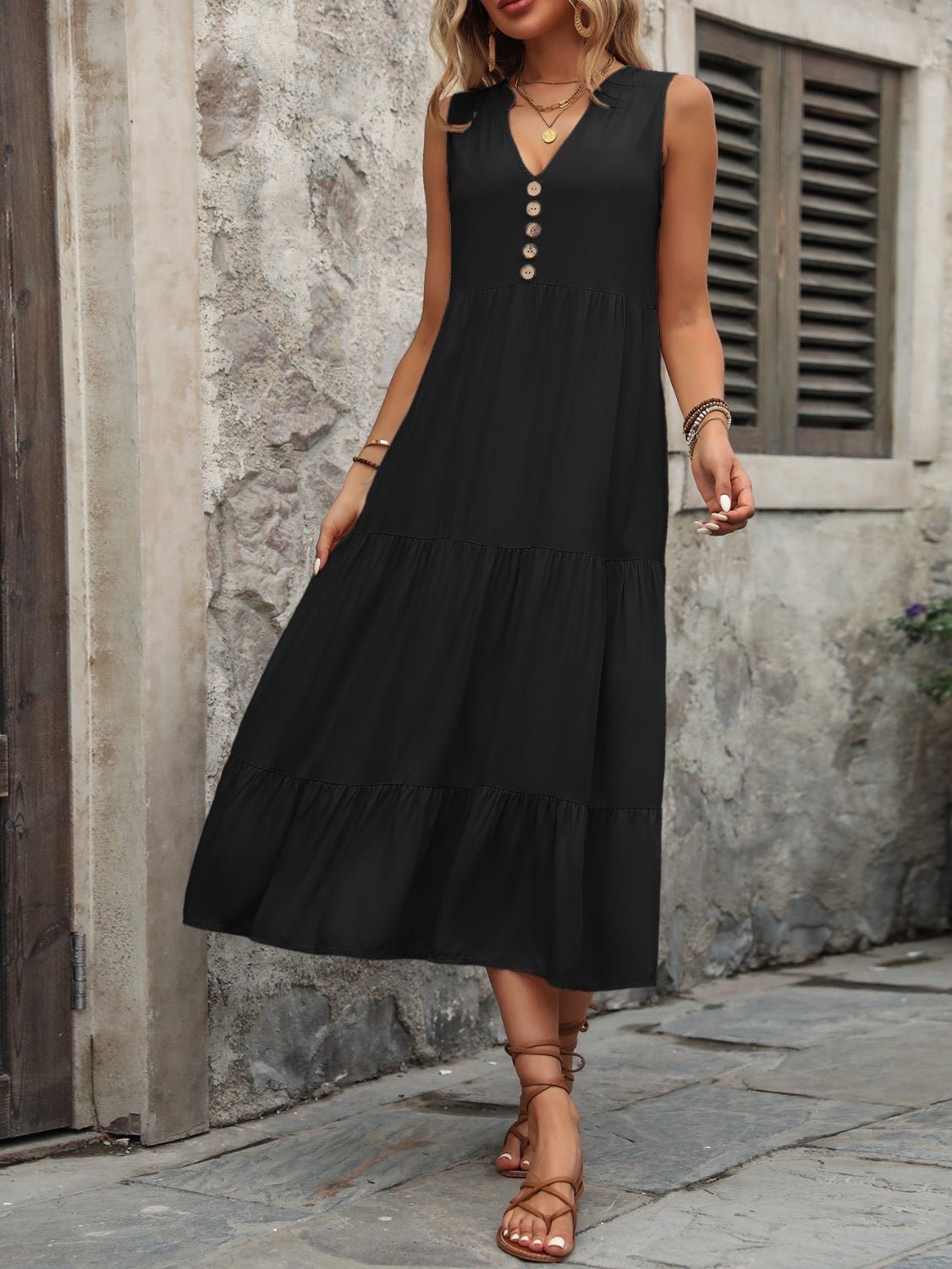 Decorative Button Notched Sleeveless Dress - Mervyns