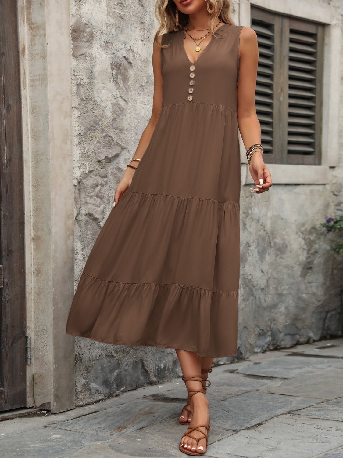 Decorative Button Notched Sleeveless Dress - Mervyns