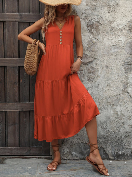 Decorative Button Notched Sleeveless Dress - Mervyns