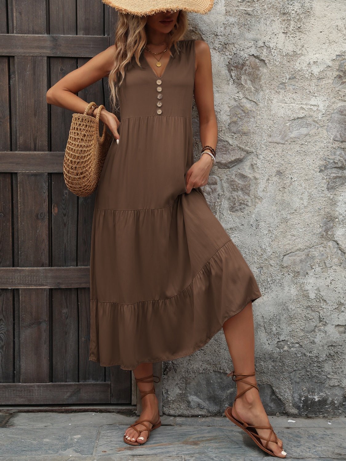 Decorative Button Notched Sleeveless Dress - Mervyns