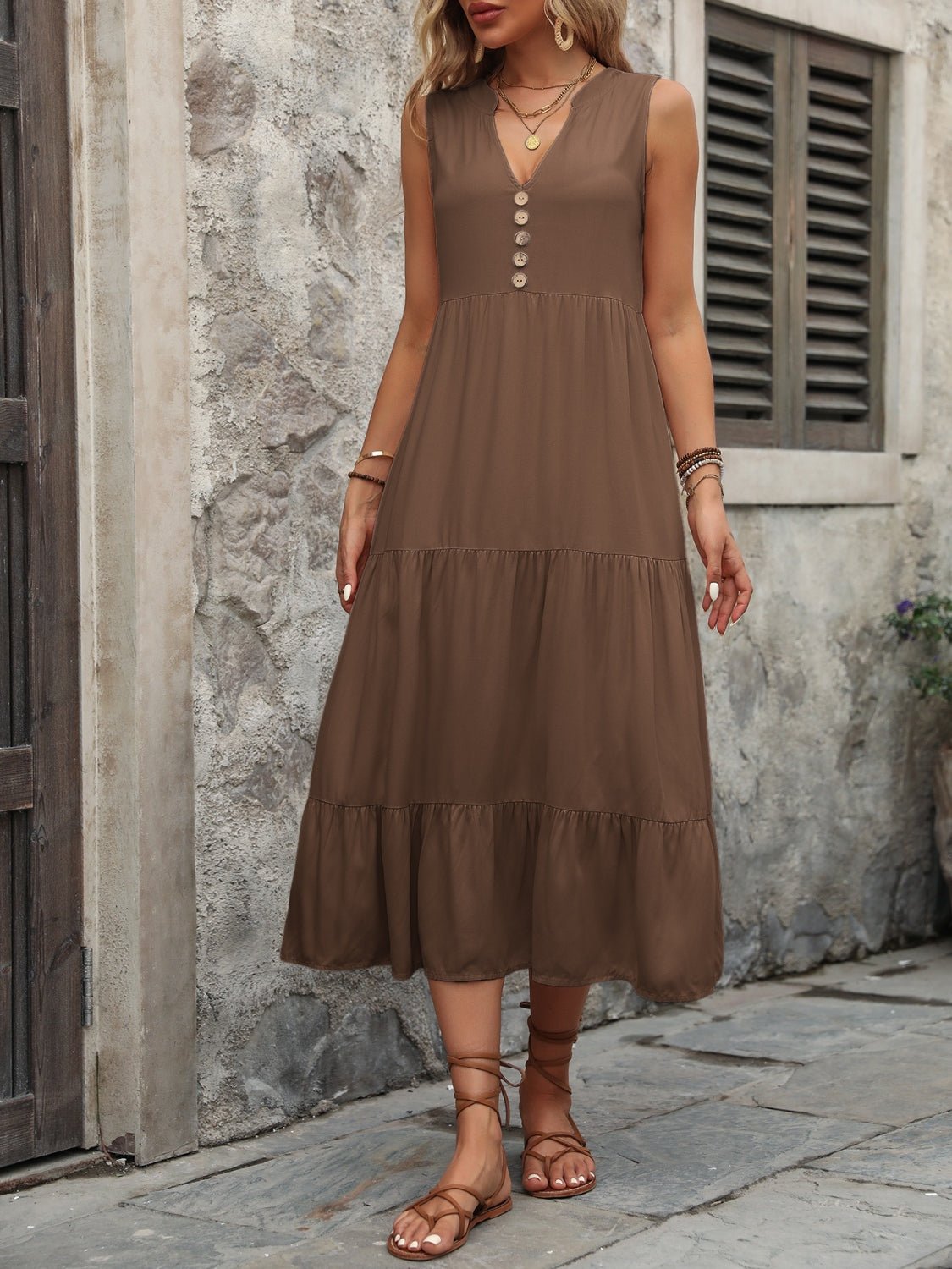 Decorative Button Notched Sleeveless Dress - Mervyns