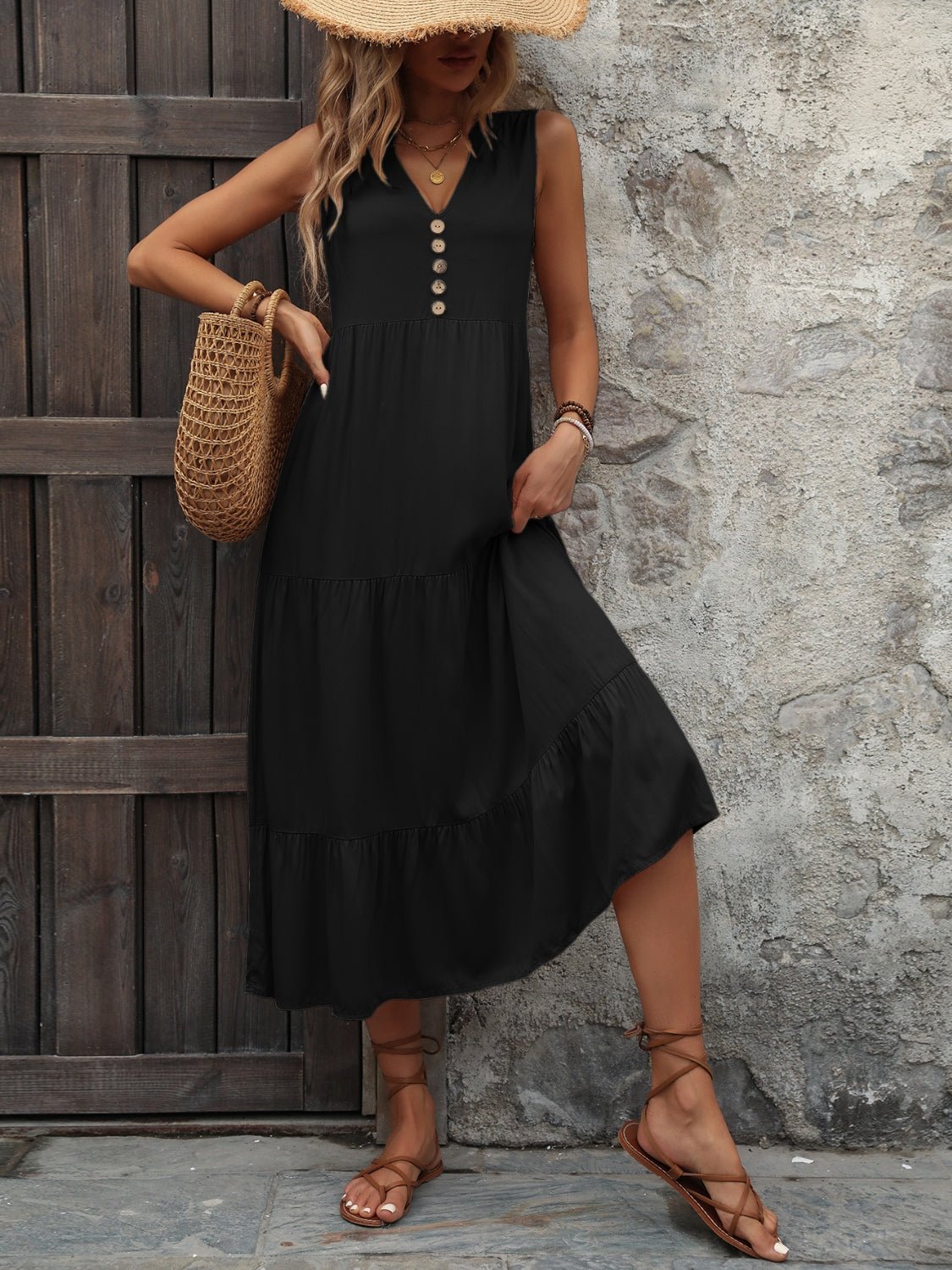 Decorative Button Notched Sleeveless Dress - Mervyns