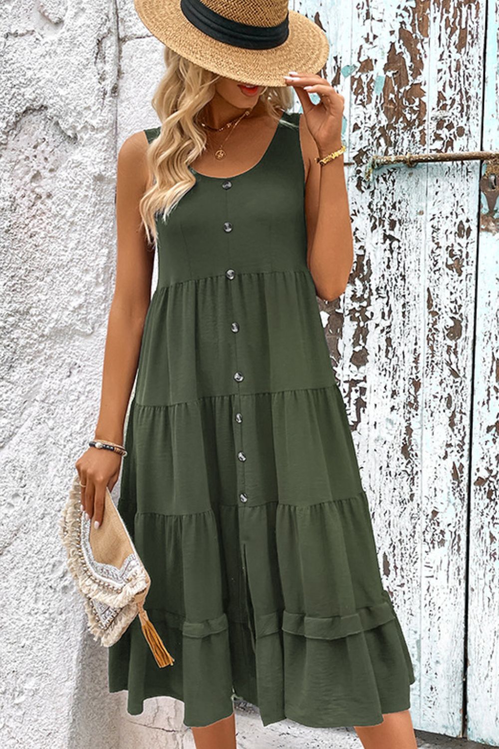 Decorative Button Scoop Neck Tiered Sleeveless Dress - Mervyns