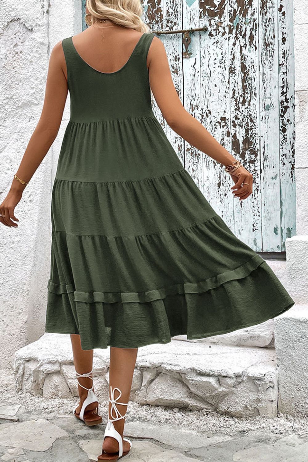 Decorative Button Scoop Neck Tiered Sleeveless Dress - Mervyns