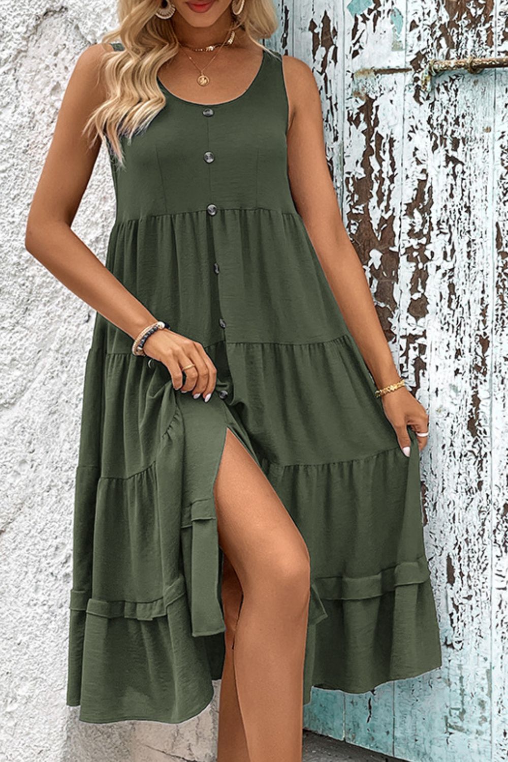 Decorative Button Scoop Neck Tiered Sleeveless Dress - Mervyns