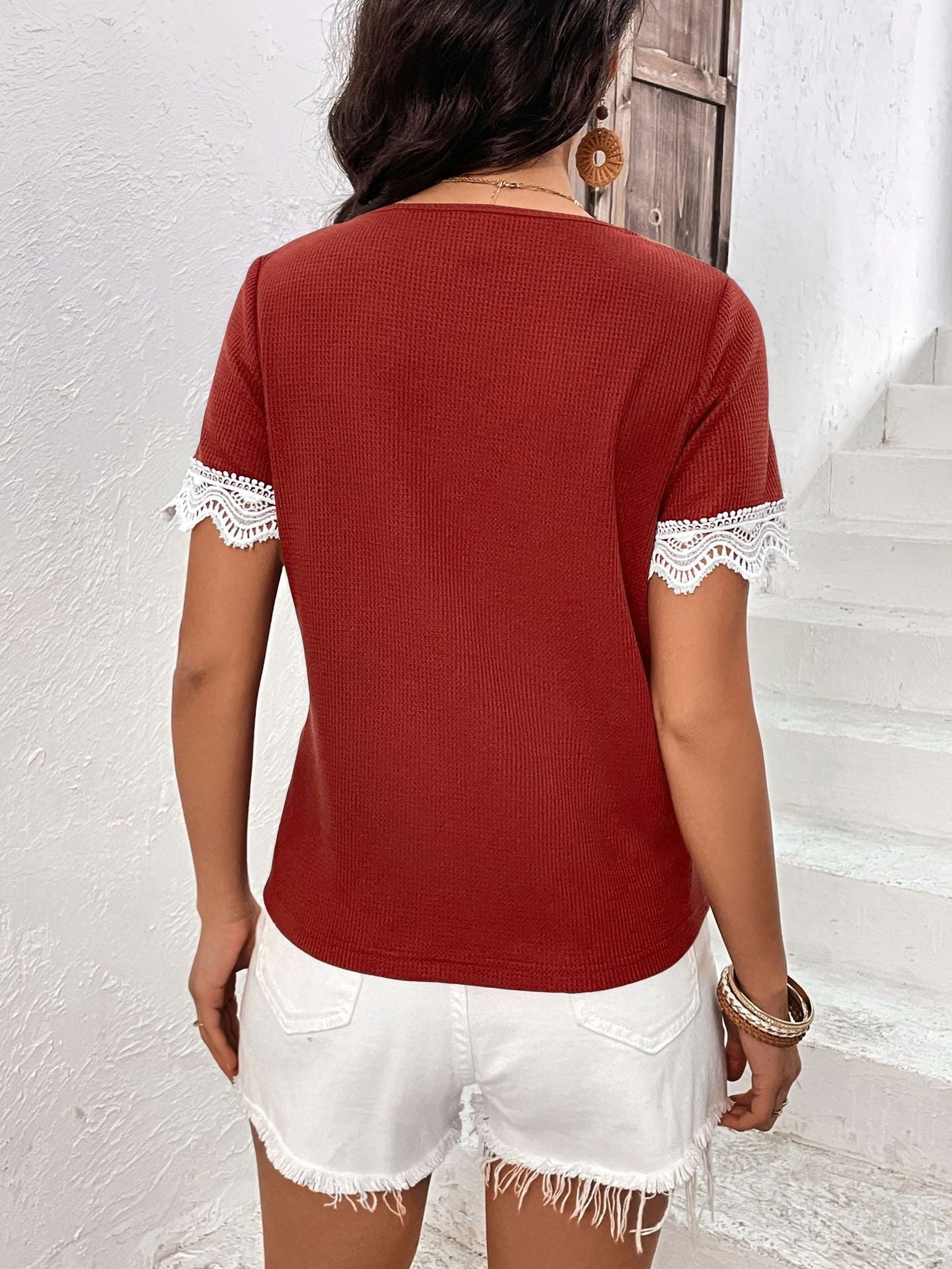 Decorative Button Spliced Lace Short Sleeve Top - Mervyns