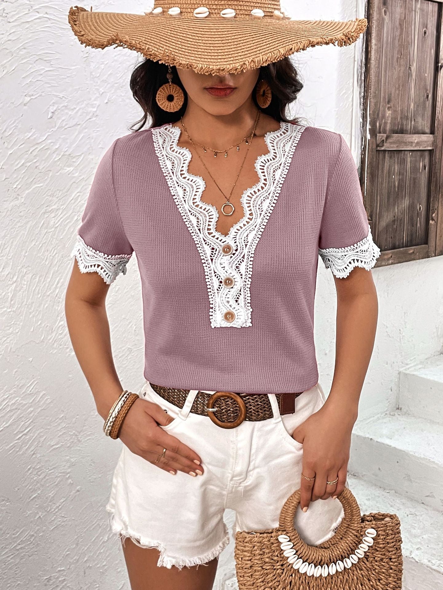 Decorative Button Spliced Lace Short Sleeve Top - Mervyns