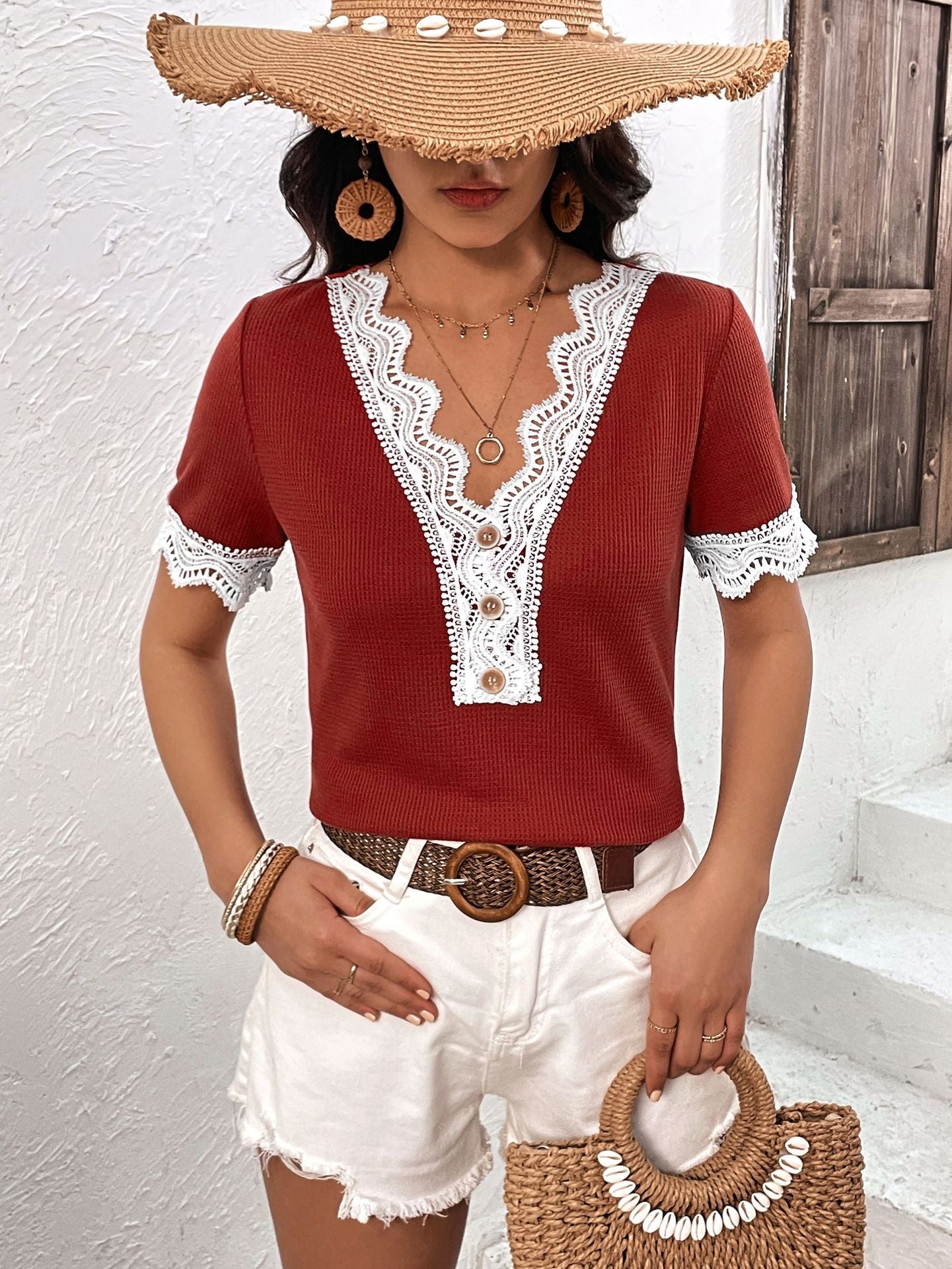 Decorative Button Spliced Lace Short Sleeve Top - Mervyns