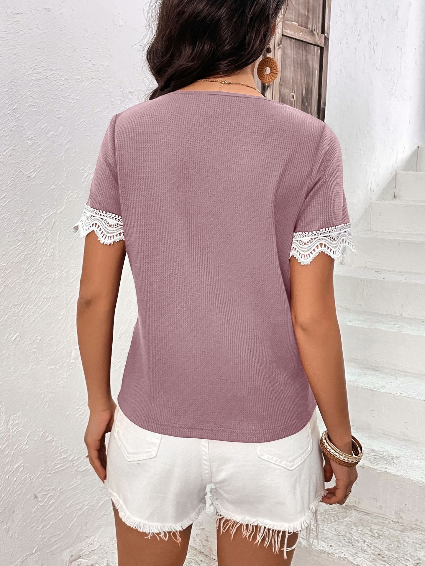 Decorative Button Spliced Lace Short Sleeve Top - Mervyns