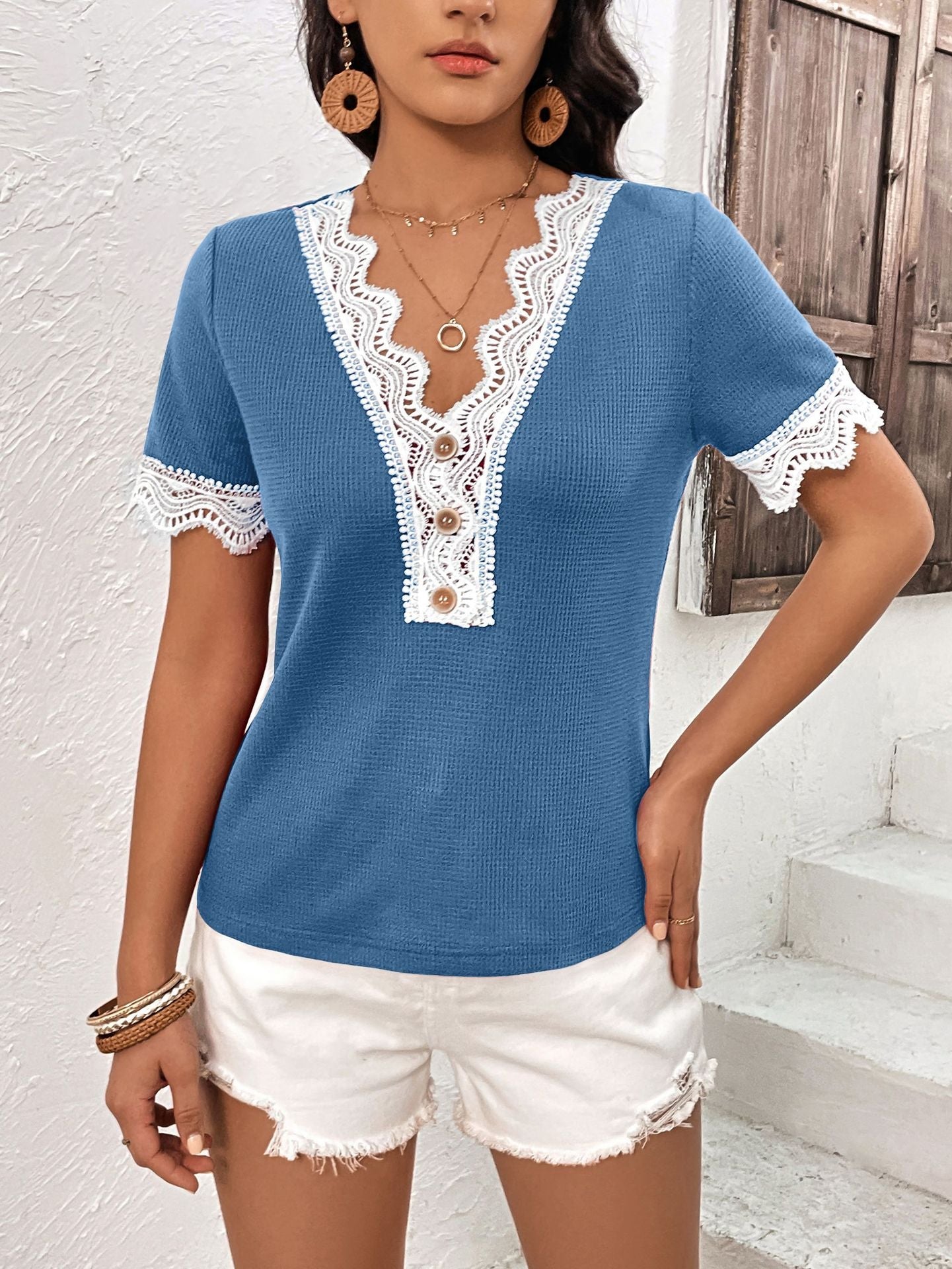 Decorative Button Spliced Lace Short Sleeve Top - Mervyns