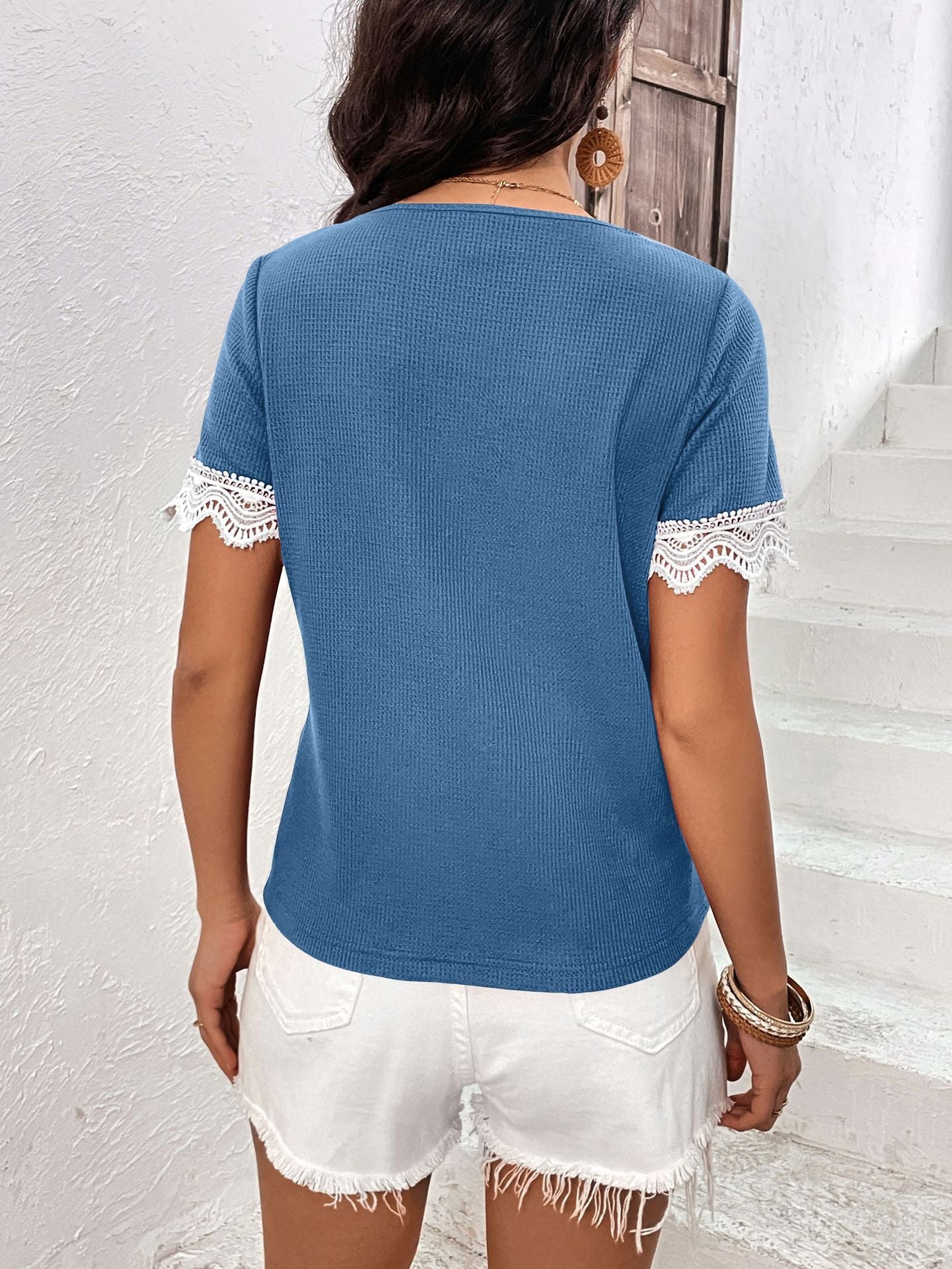 Decorative Button Spliced Lace Short Sleeve Top - Mervyns