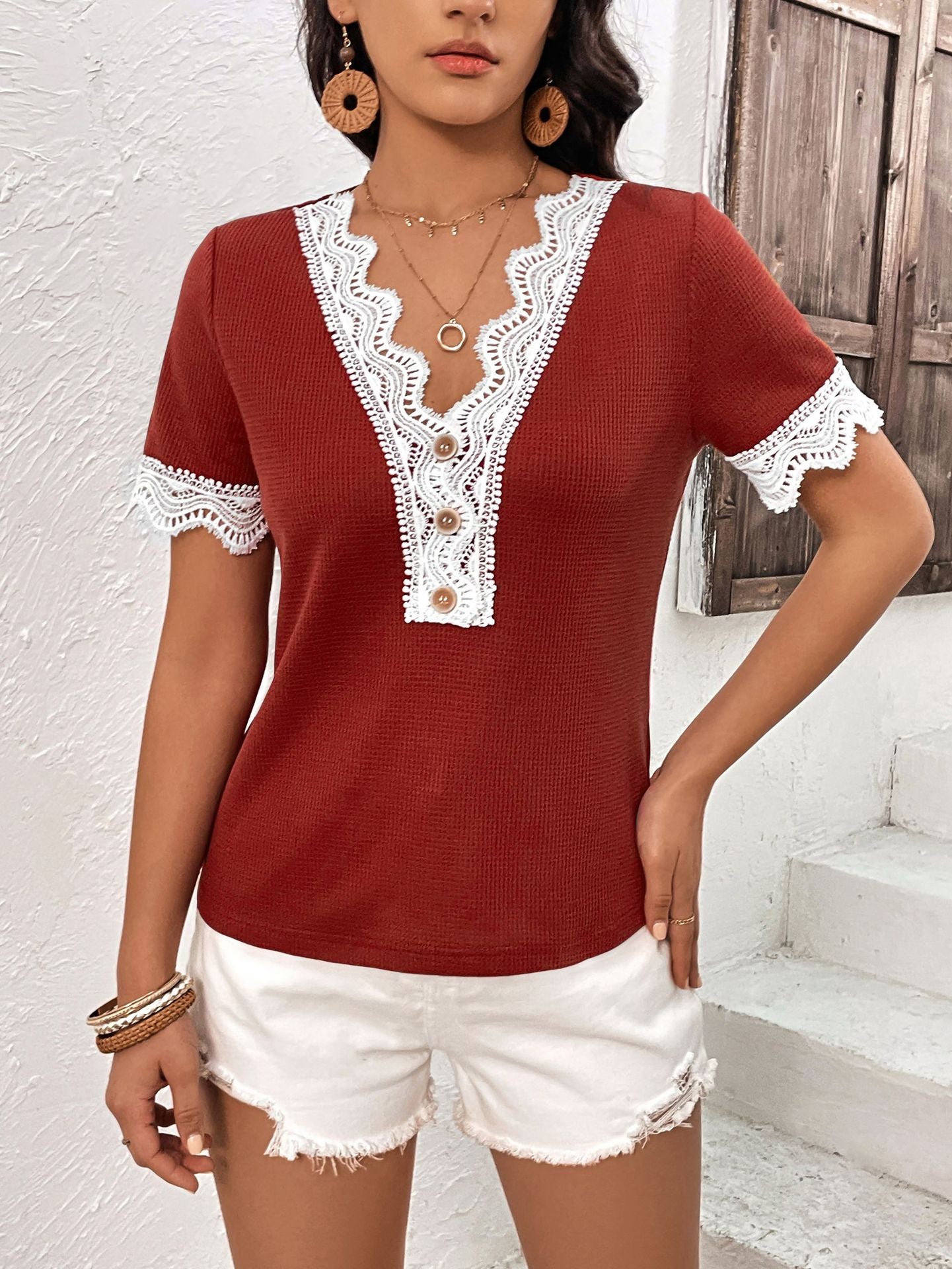 Decorative Button Spliced Lace Short Sleeve Top - Mervyns