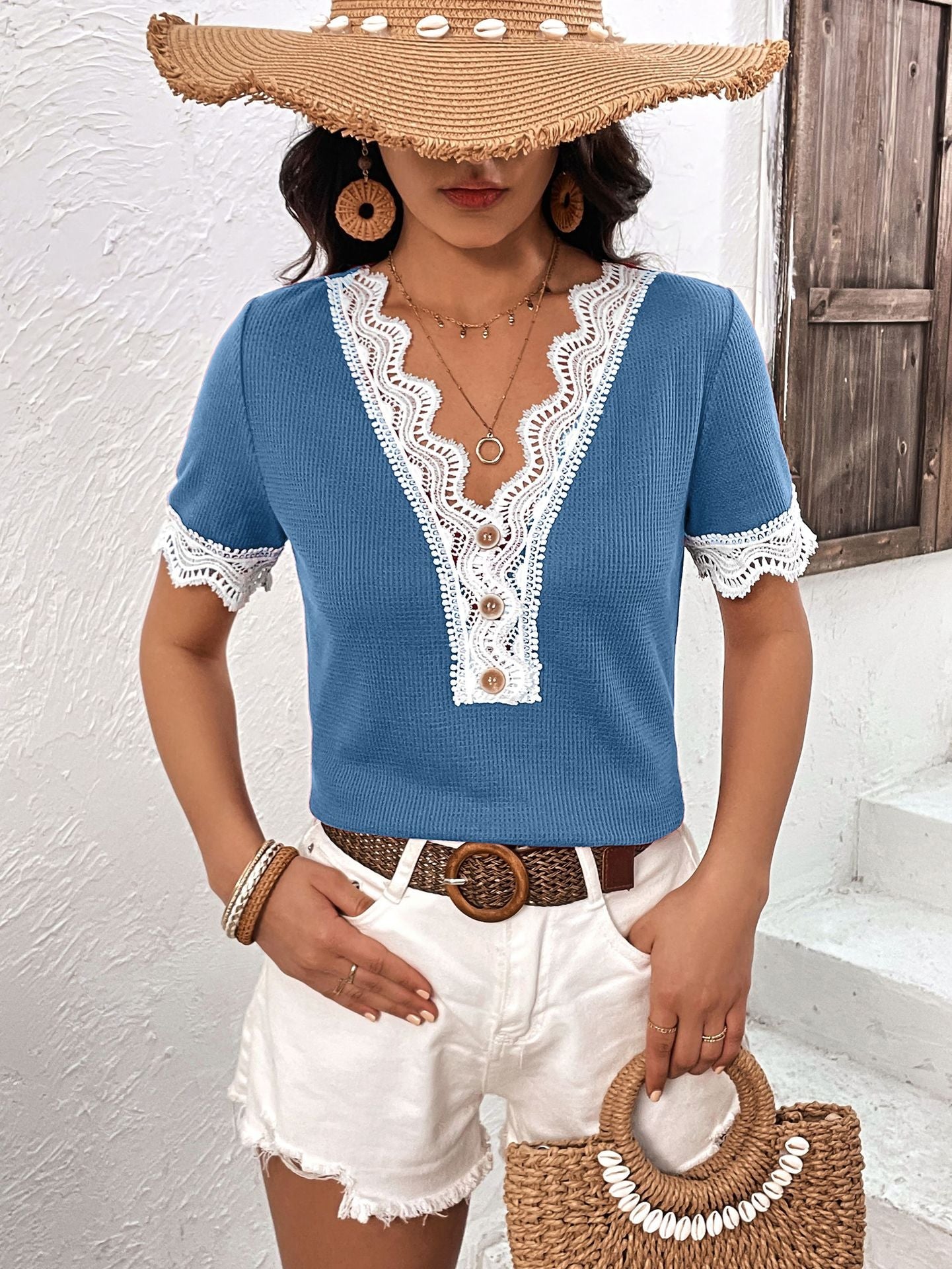 Decorative Button Spliced Lace Short Sleeve Top - Mervyns