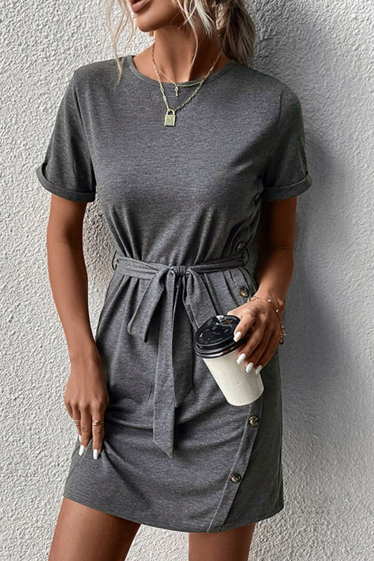 Decorative Button Tie - Waist Cuffed Sleeve Tee Dress - Mervyns