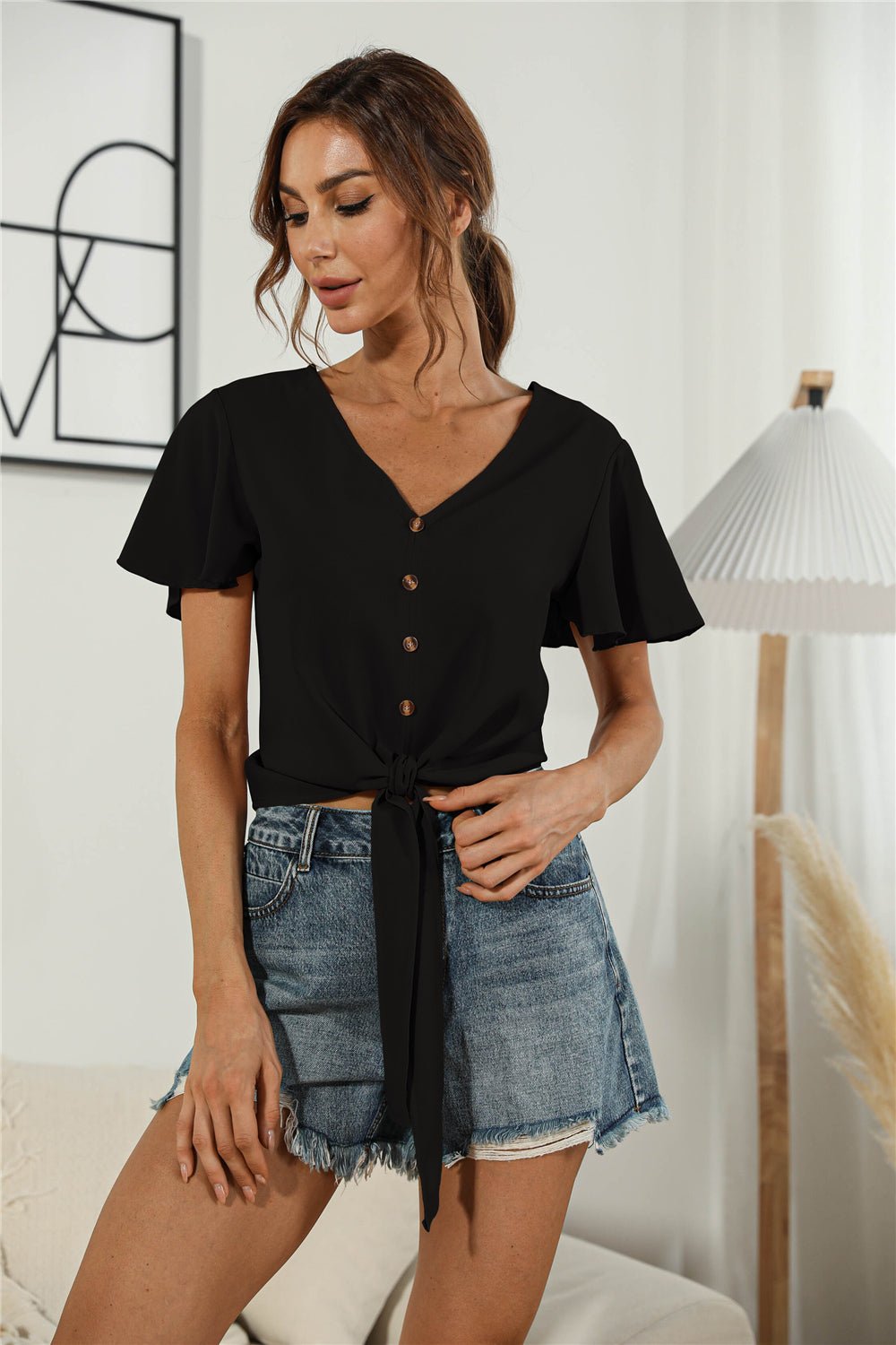 Decorative Button V - Neck Tied Blouse - Mervyns