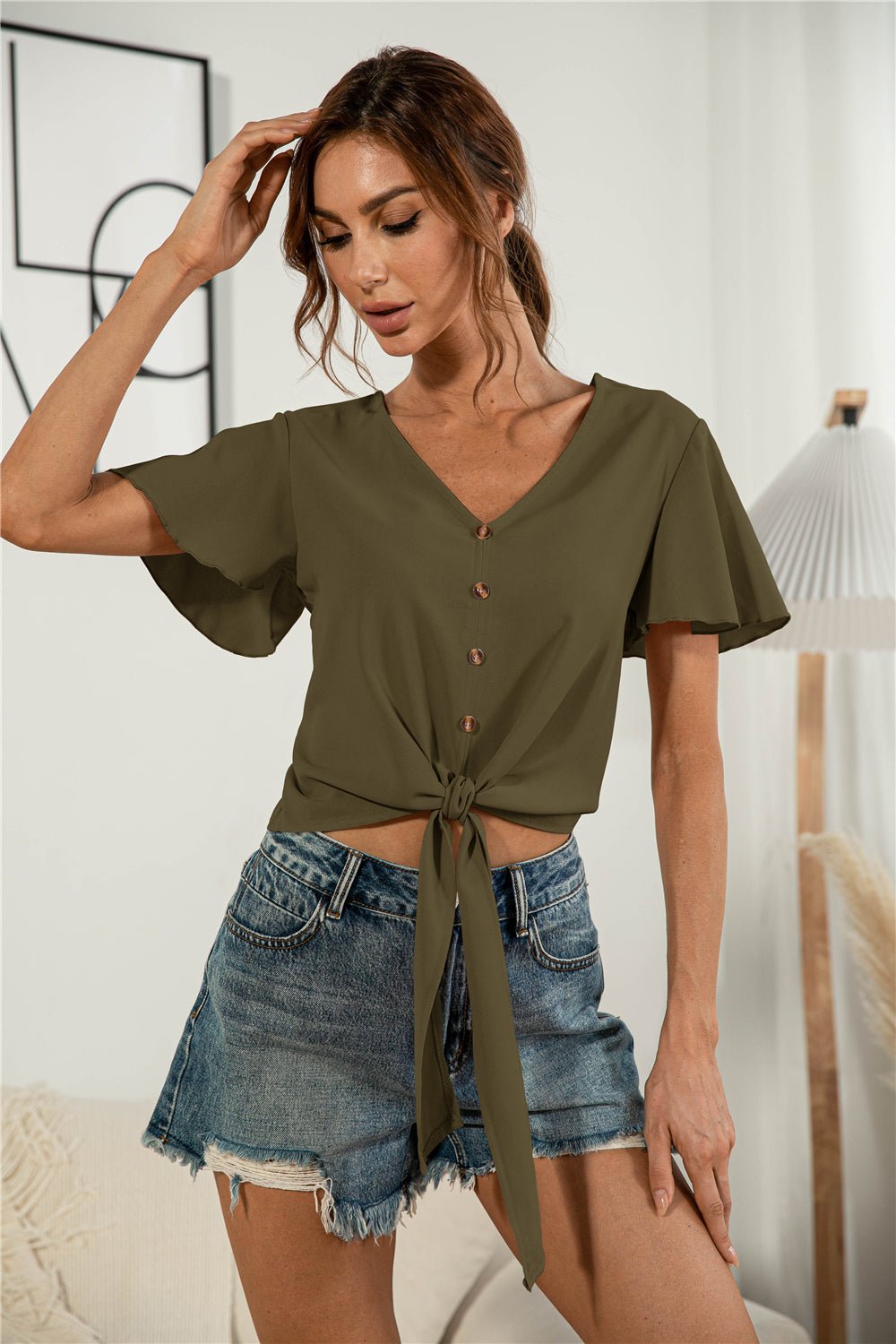 Decorative Button V - Neck Tied Blouse - Mervyns