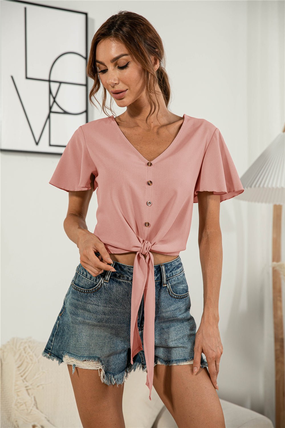 Decorative Button V - Neck Tied Blouse - Mervyns