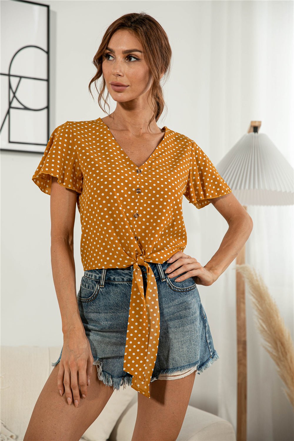 Decorative Button V - Neck Tied Blouse - Mervyns