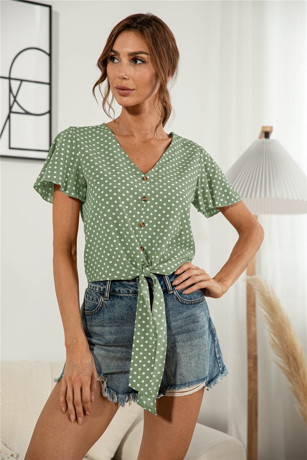 Decorative Button V - Neck Tied Blouse - Mervyns