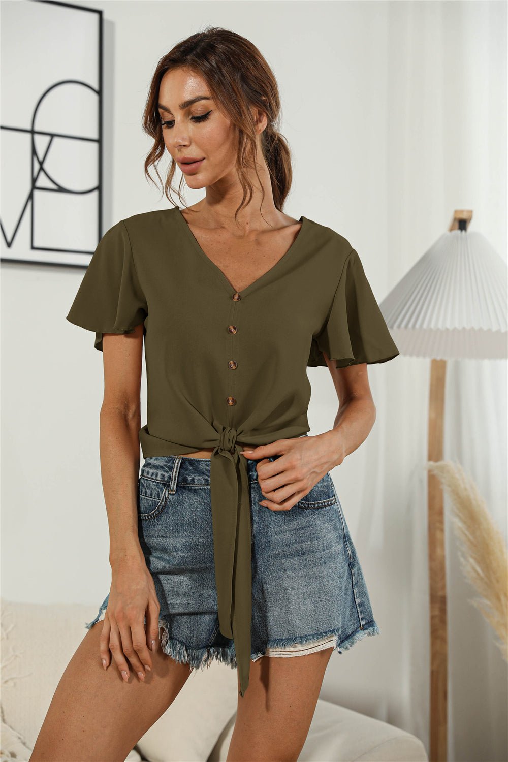 Decorative Button V - Neck Tied Blouse - Mervyns