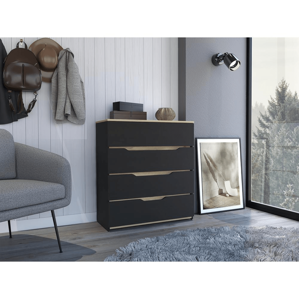 DEPOT E - SHOP Aralia Drawer Dresser - Four Drawers, Countertop - Black/Light Oak, For Bedroom - Mervyns