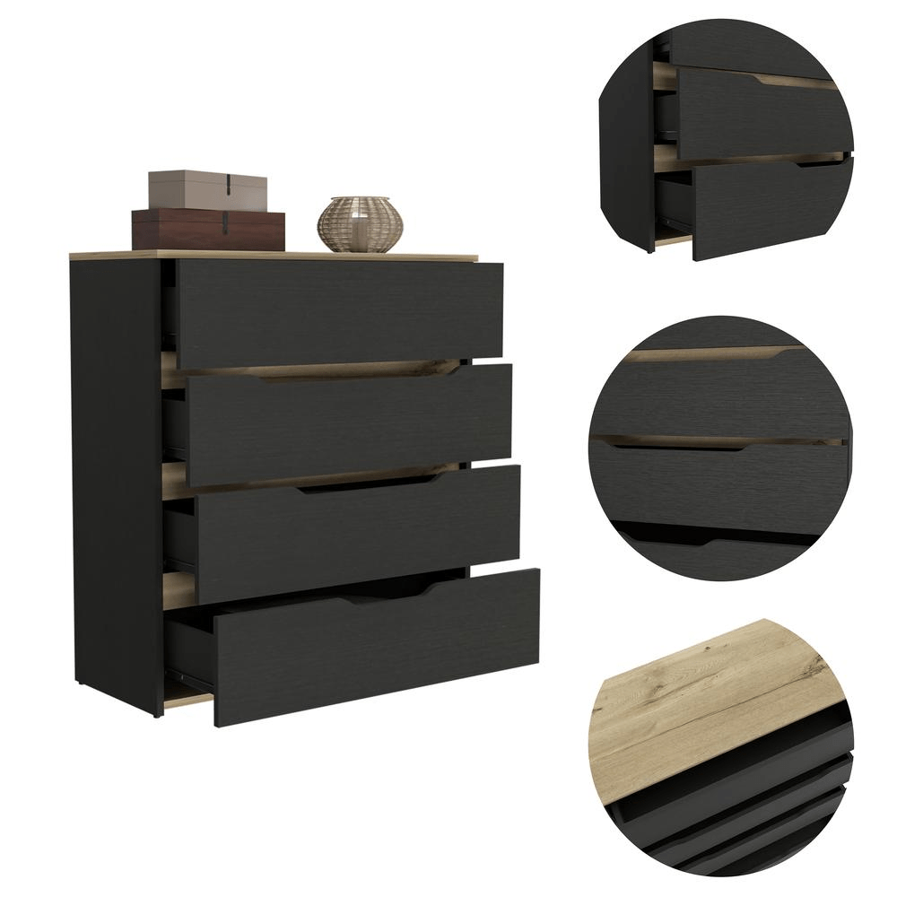 DEPOT E - SHOP Aralia Drawer Dresser - Four Drawers, Countertop - Black/Light Oak, For Bedroom - Mervyns